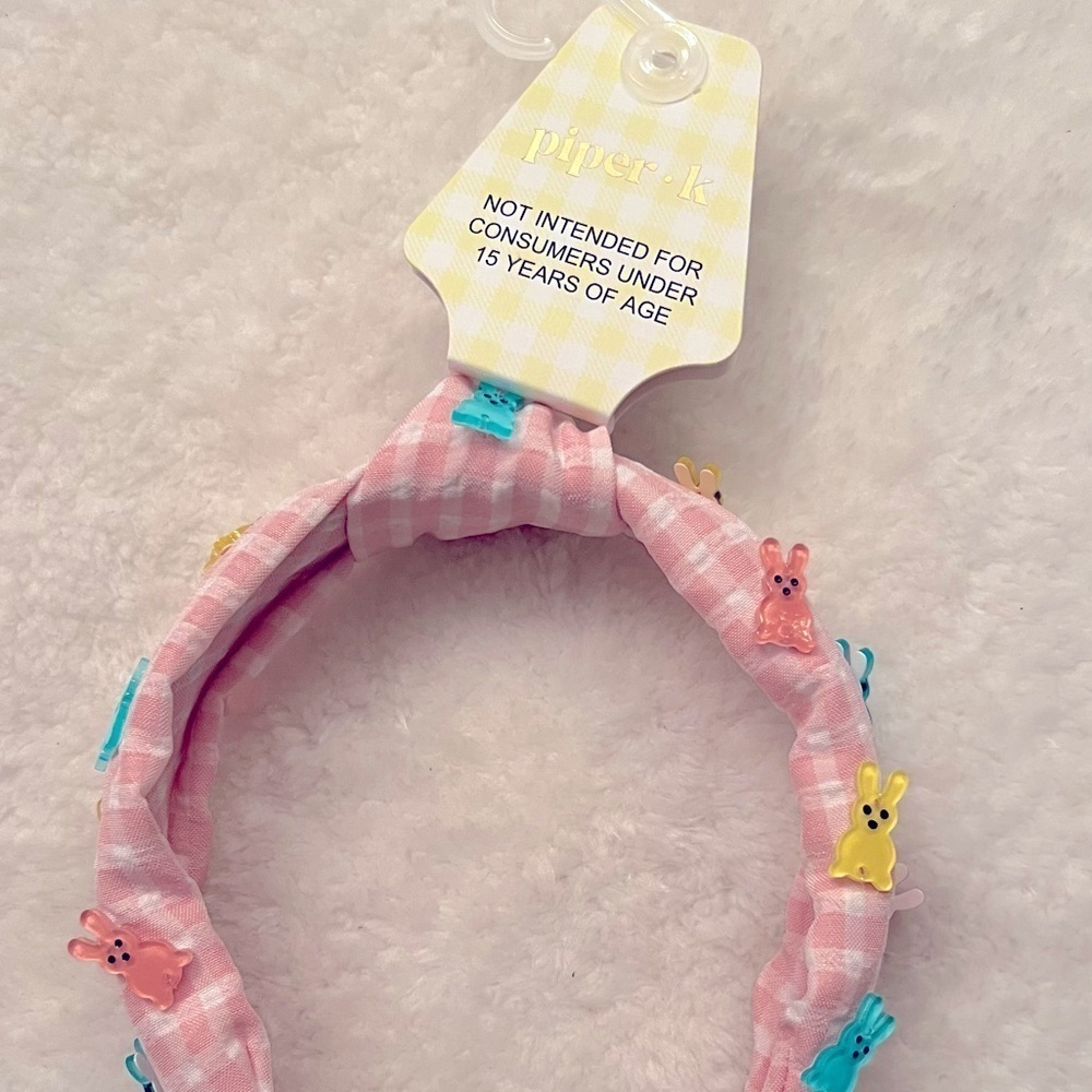 Piper K Spring Easter Bunny Pink White Gingham Headband New With Tags - Picture 3 of 3